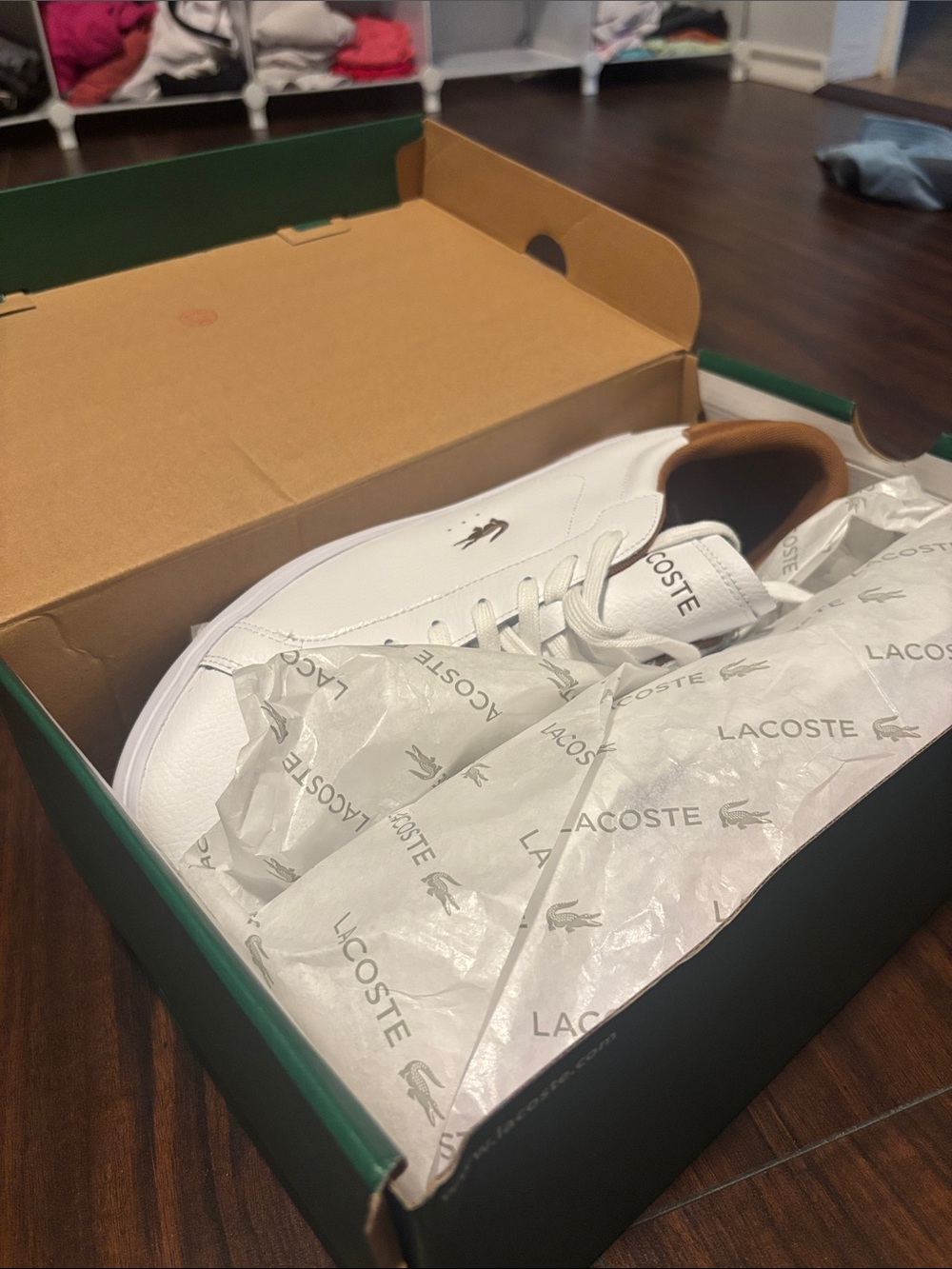 Lacoste Men’s White Leather Sneakers with Brown Collar (Never Worn)